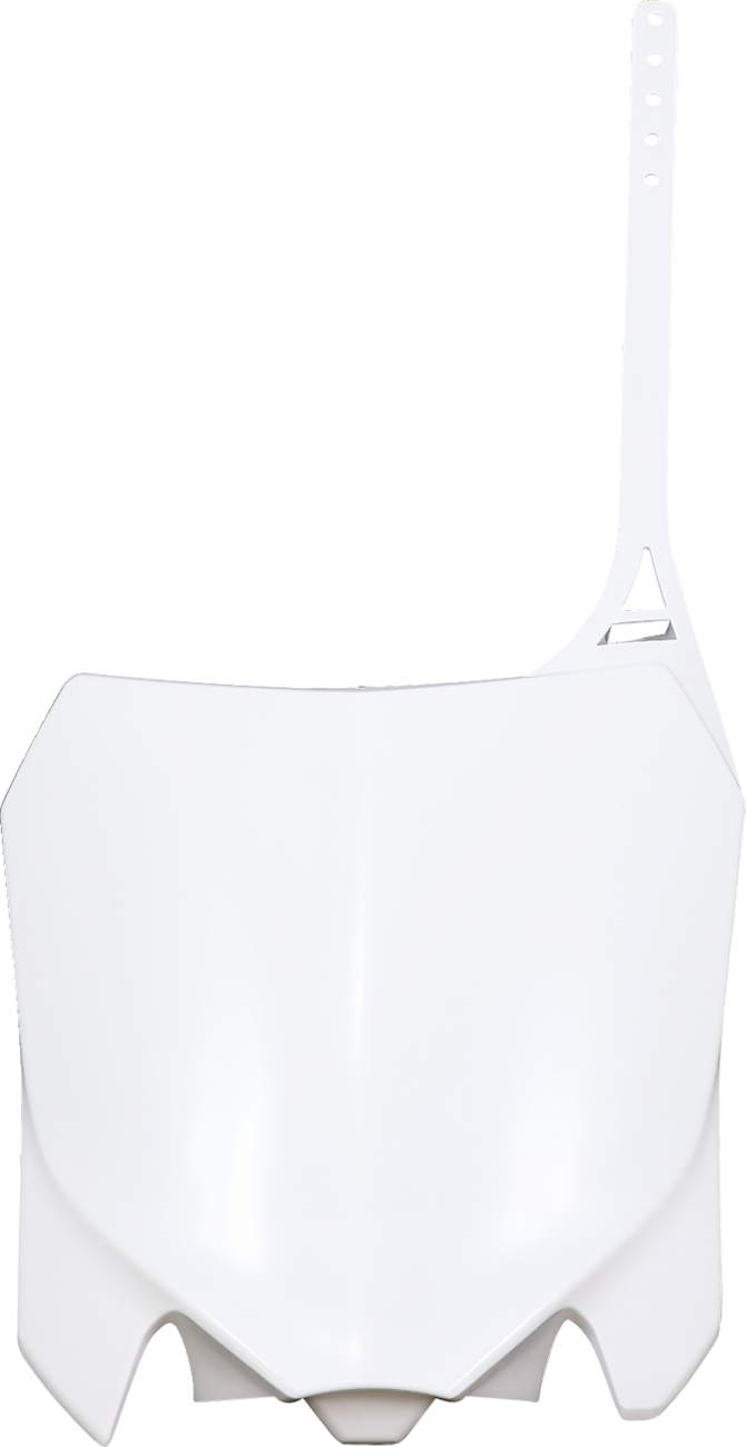 White ACERBIS front number plate mounted on a motorcycle body, designed for durability and clear visibility.