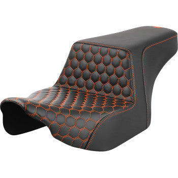 SADDLEMEN Step-Up Seat for FL motorcycle, front honeycomb design with orange stitching, compatible with 2023-2024 models