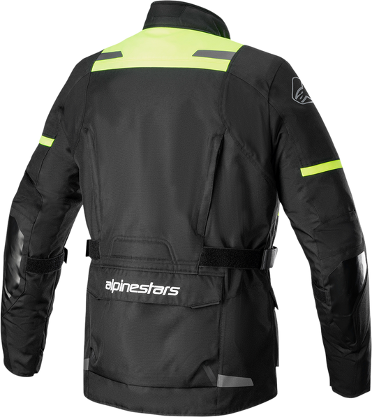 Black and yellow Alpinestars Andes v3 motorcycle jacket, small size, with visible armor and breathable fabric features.
