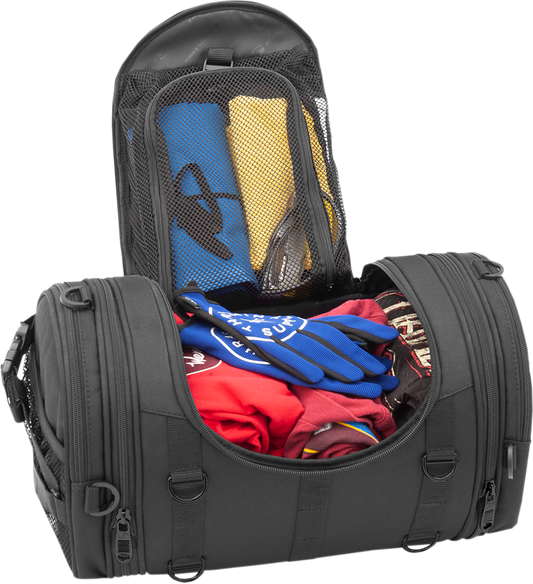 Bill's Exhausts SADDLEMEN R1300LXE Tactical Roll Bag seat with durable materials and tactical design, shown from a side angle.