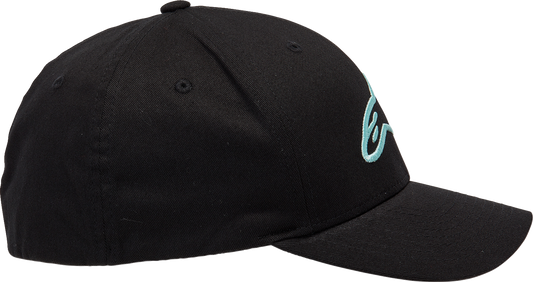 Alpinestars Ageless Curve Hat in black and light aqua, L/XL size, stylish casual hat with curved brim and breathable fabric.