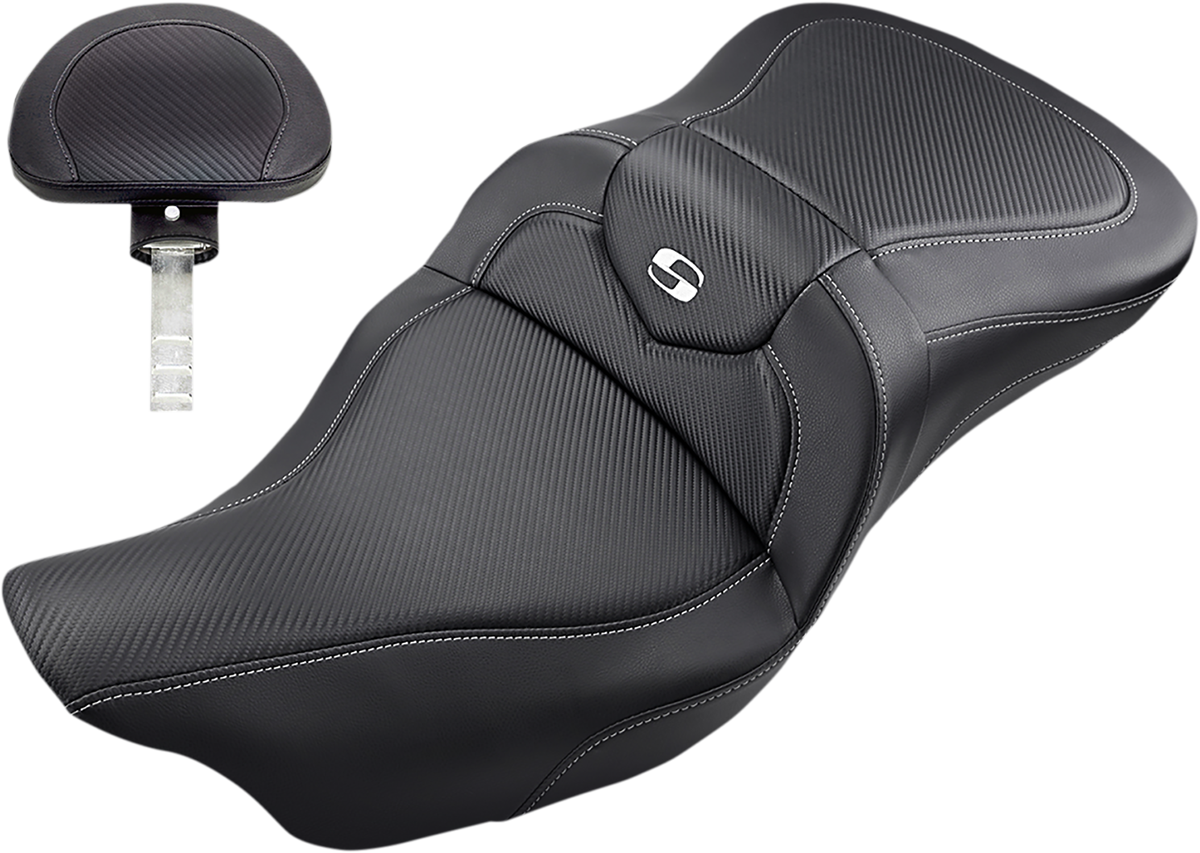 Bill's Exhausts SADDLEMEN Road Sofa Seat for Harley FL 2008-2023 with carbon fiber finish and backrest, motorcycle seat replacement.