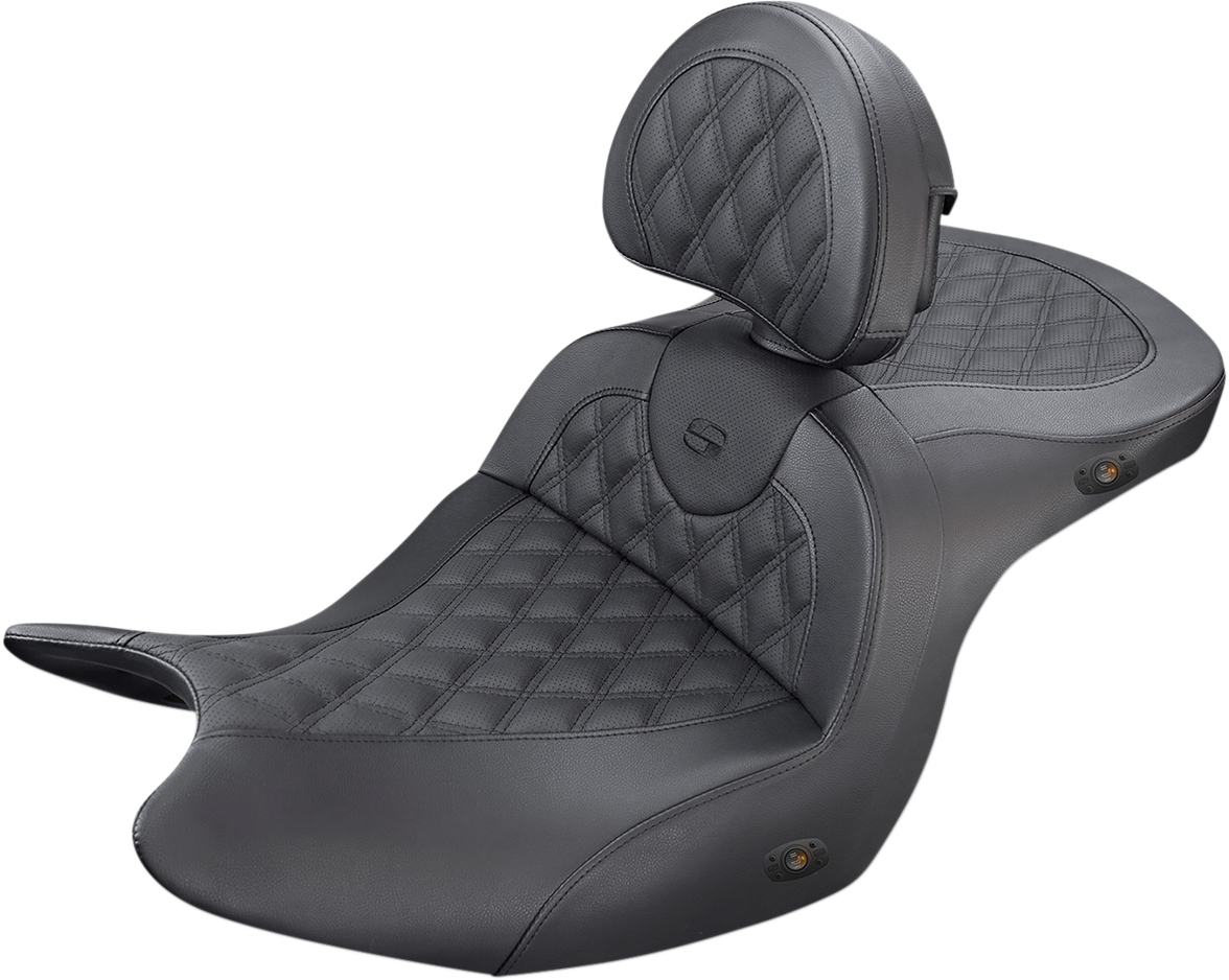 Black SADDLEMEN Roadsofa heated motorcycle seat with backrest and full lattice stitch design, made by Bill's Exhausts.