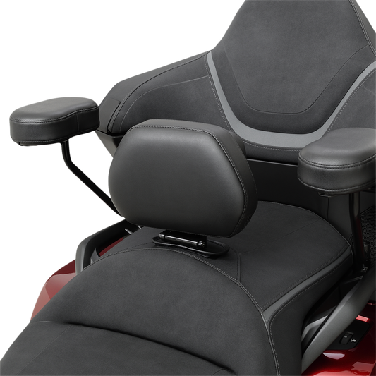 Bill's Exhausts SHOW CHROME Detachable Smart Mount Backrest for Honda GL1800 engine, shown attached with chrome finish and mounting hardware.
