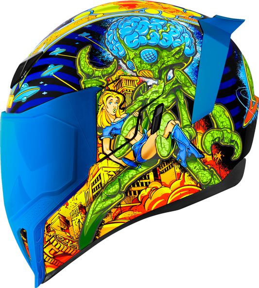 Blue ICON Airfliteâ„¢ helmet in Bugoid Blitz design, XL size, featuring aerodynamic shape and clear visor for motorcycle riding.
