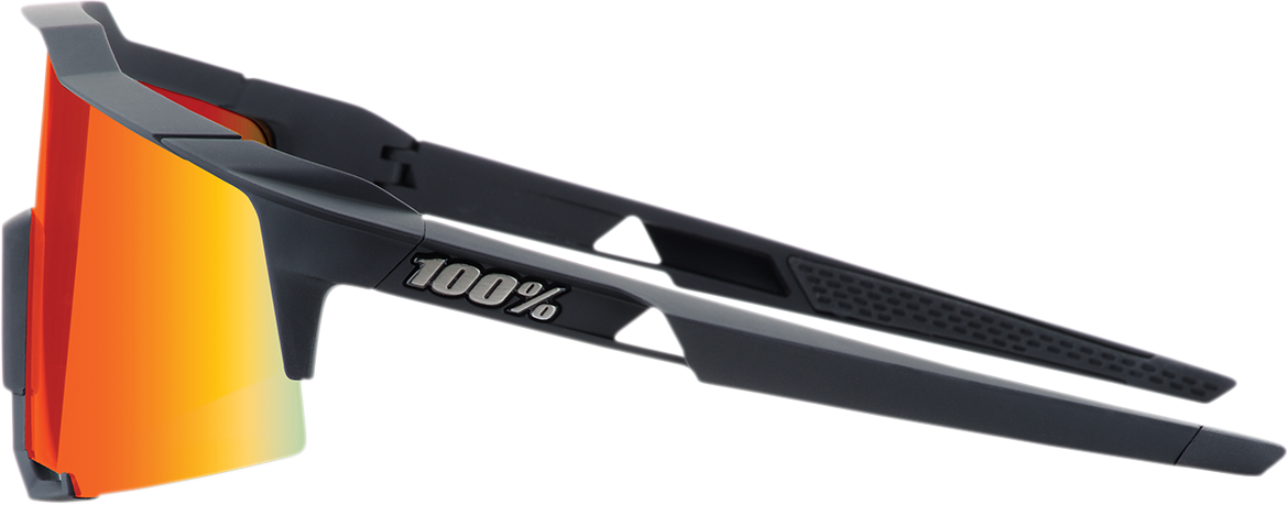 Black Bill's Exhausts 100% Speedcraft sunglasses with red mirror lenses, showcasing sporty design and sleek frame details.