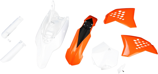 Acerbis full replacement body kit in orange, white, and black for OEM '12 motorcycle, displayed on a white background.