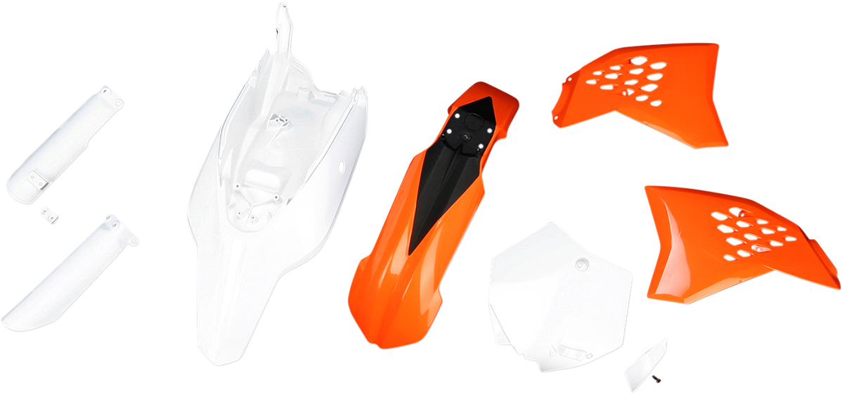 Acerbis full replacement body kit in orange, white, and black for OEM '12 motorcycle, displayed on a white background.