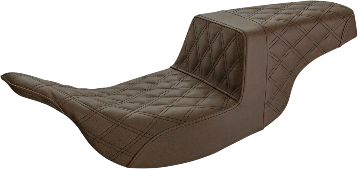 Brown SADDLEMEN Step-Up Seat with full lattice stitch, designed for motorcycles, showcasing textured leather and detailed stitching.
