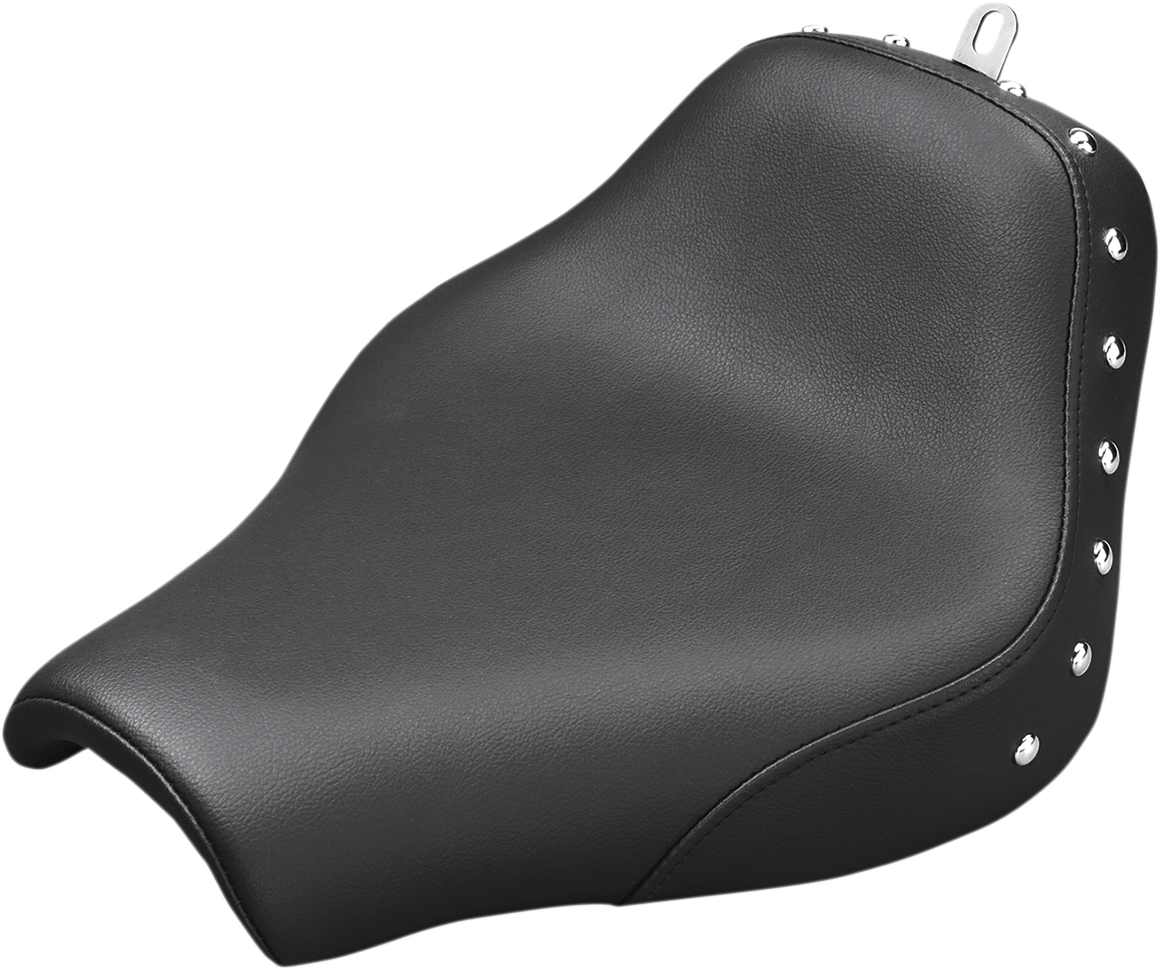 Black SADDLEMEN Renegade Solo seat with studded design, designed for motorcycles, by Bill's Exhausts.