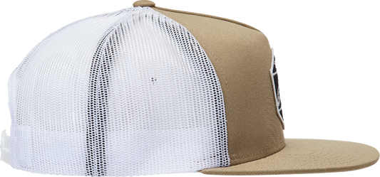 Bill's Exhausts Alpinstars Bolt Trucker Hat in Sand and White, one size, featuring embroidered logo and mesh back for ventilation.
