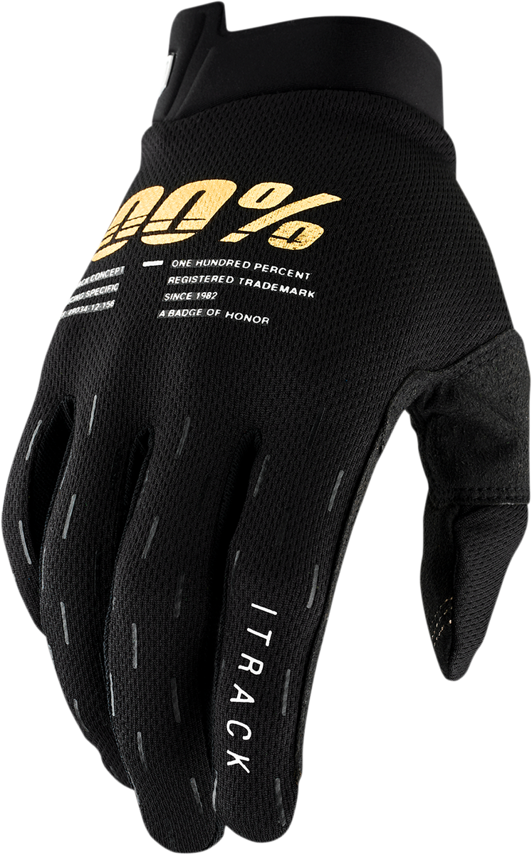 Black 100% Youth iTrack gloves by Bill's Exhausts, large size, showing the textured fabric and ergonomic design for active wear.