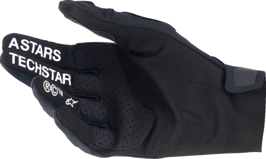 Black Alpinestars Techstar motorcycle gloves in 2XL size with protective knuckles and adjustable wrist strap.