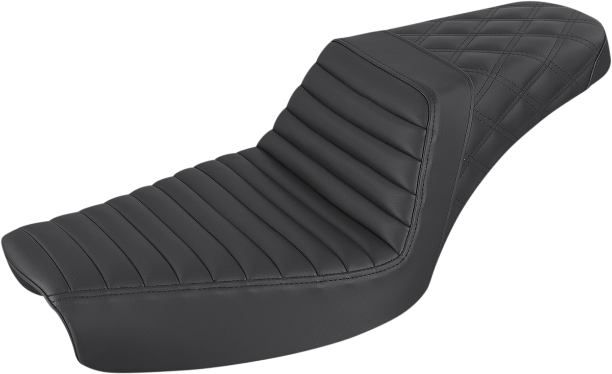 Black SADDLEMEN Step-Up motorcycle seat with tuck-n-roll front and lattice stitch rear, designed for comfortable riding.