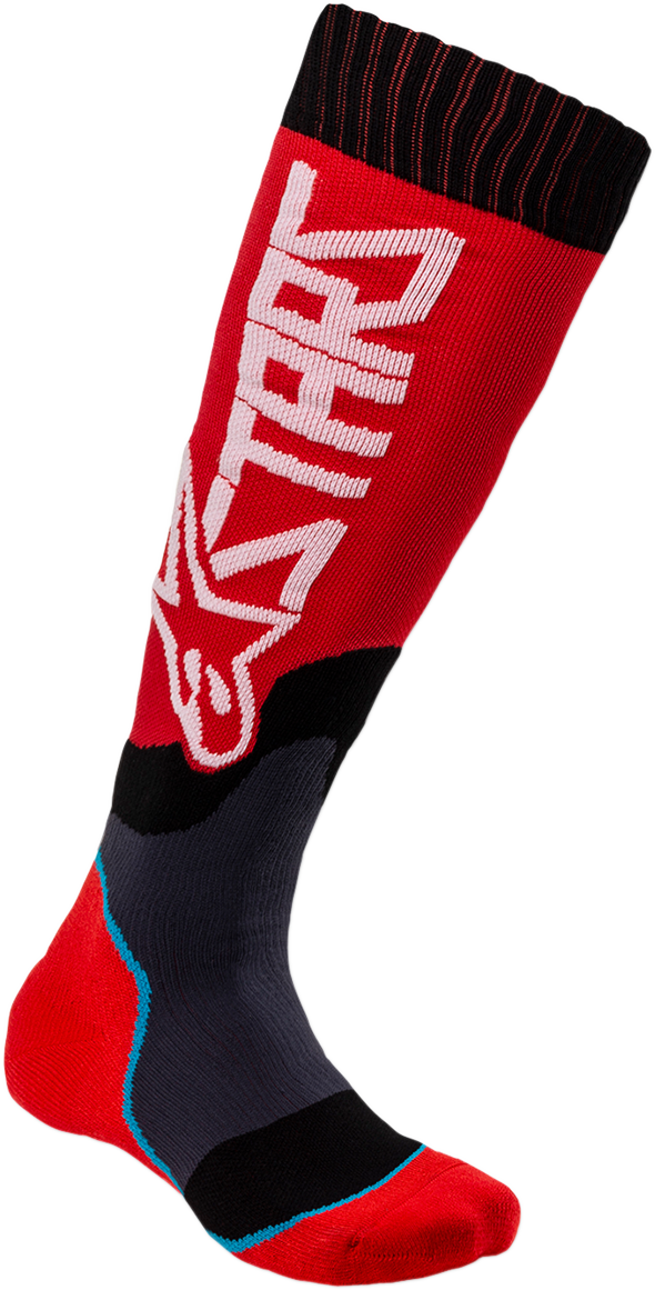 Alpinestars MX Plus 2 youth protective motorcycle socks in red and white, medium/large size, designed for motocross riding.