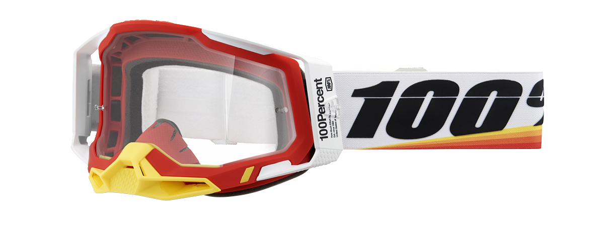 Bill's Exhausts Racecraft 2 goggles with red frame and clear lenses, designed for racing or motocross activities.