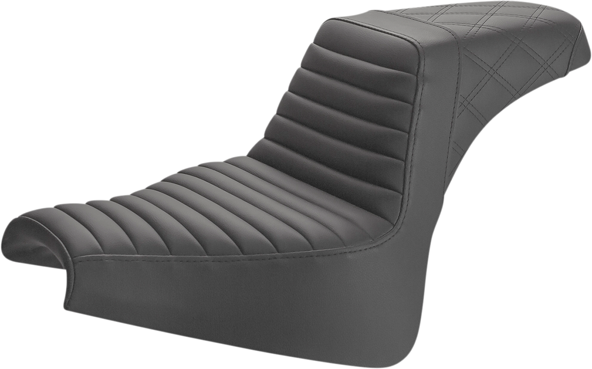 Black Saddlemens Step-Up Seat with front tuck-n-roll and rear lattice stitch for motorcycle, designed for comfort and style.