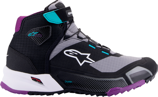 Alpinestars Stella CR-X Drystar shoes in black, gray, teal, and purple with sporty design, US size 5.