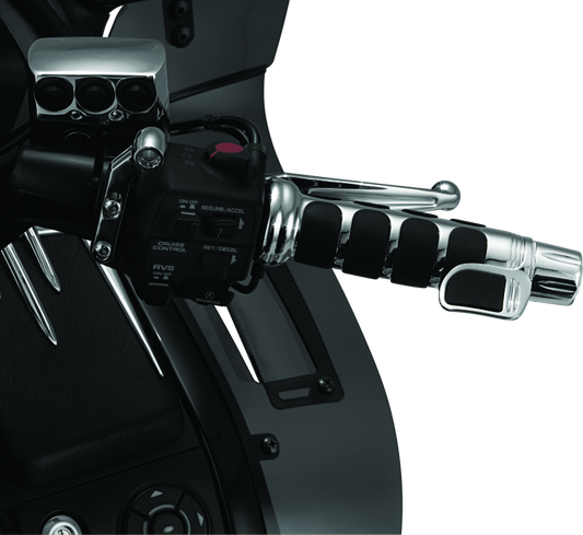Chrome Kuryakyn Contoured ISO Throttle Boss on a GL1800 motorcycle handlebar for improved comfort and control.