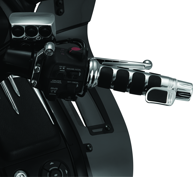 Chrome Kuryakyn Contoured ISO Throttle Boss on a GL1800 motorcycle handlebar for improved comfort and control.