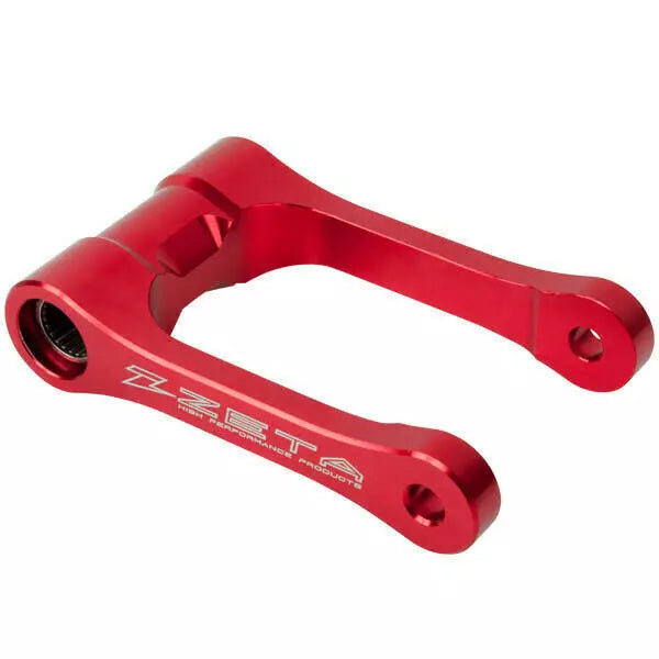 ZETA Lowering Link for Red Beta motorcycles, part ZE56-05912, shown in black with mounting hardware attached.