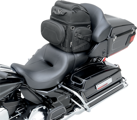 Bill's Exhausts SADDLEMEN Sissy Bar Bag 3515-0113 mounted on motorcycle seat, black leather with straps for secure attachment