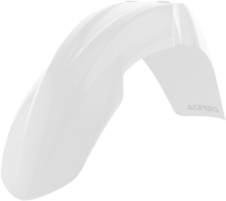 A white Acerbis front fender for motorcycle, designed as a body part, shown with a clean and smooth surface.