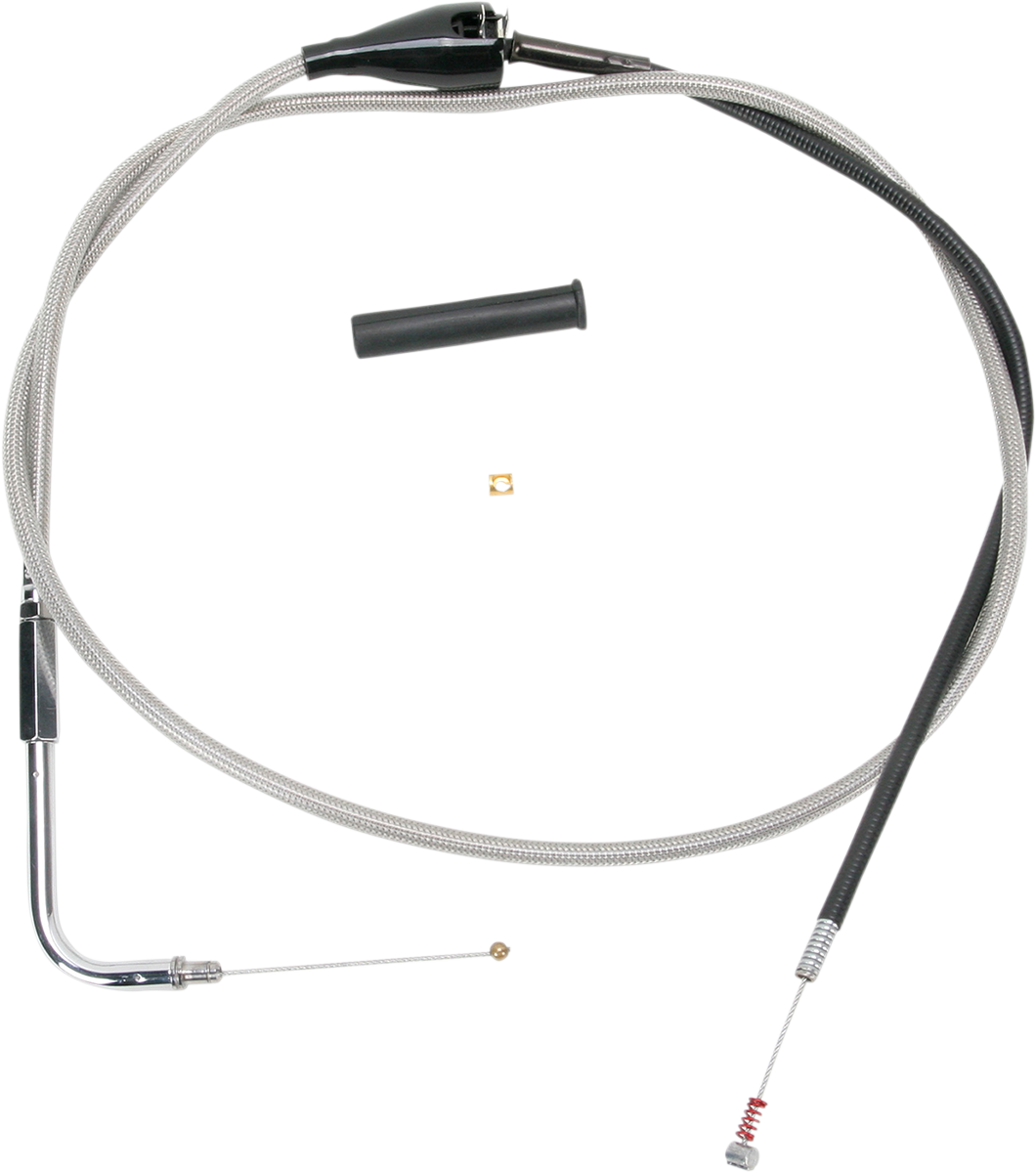 Stainless braided idle cable by DRAG SPECIALTIES, 52 inches long, with metal fittings for motorcycle throttle control.