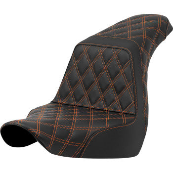 SADDLEMEN Step-Up Seat with orange lattice stitch for FXLR/FLSB 2018-2021, featuring full stitch design on motorcycle seat.
