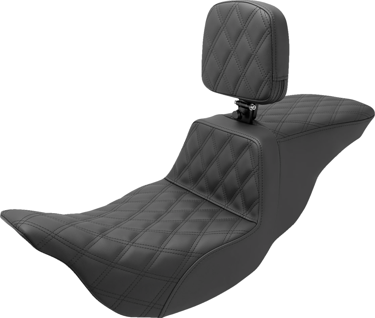 SADDLEMEN Tour Step Up Seat with rider backrest and full lattice stitch for Harley FL '08-'22 motorcycle, black leather.