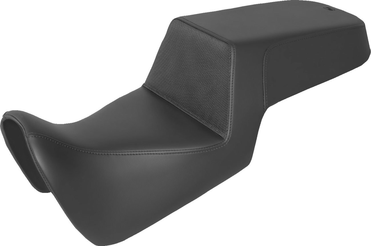 Black SADDLEMEN Step Up Seat with gripper texture for motorcycles, designed for comfort and grip, by Bill's Exhausts.