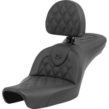 SADDLEMEN Roadsofa™ motorcycle seat with lattice stitch design and backrest for FXD 1996-2003, featuring durable materials.