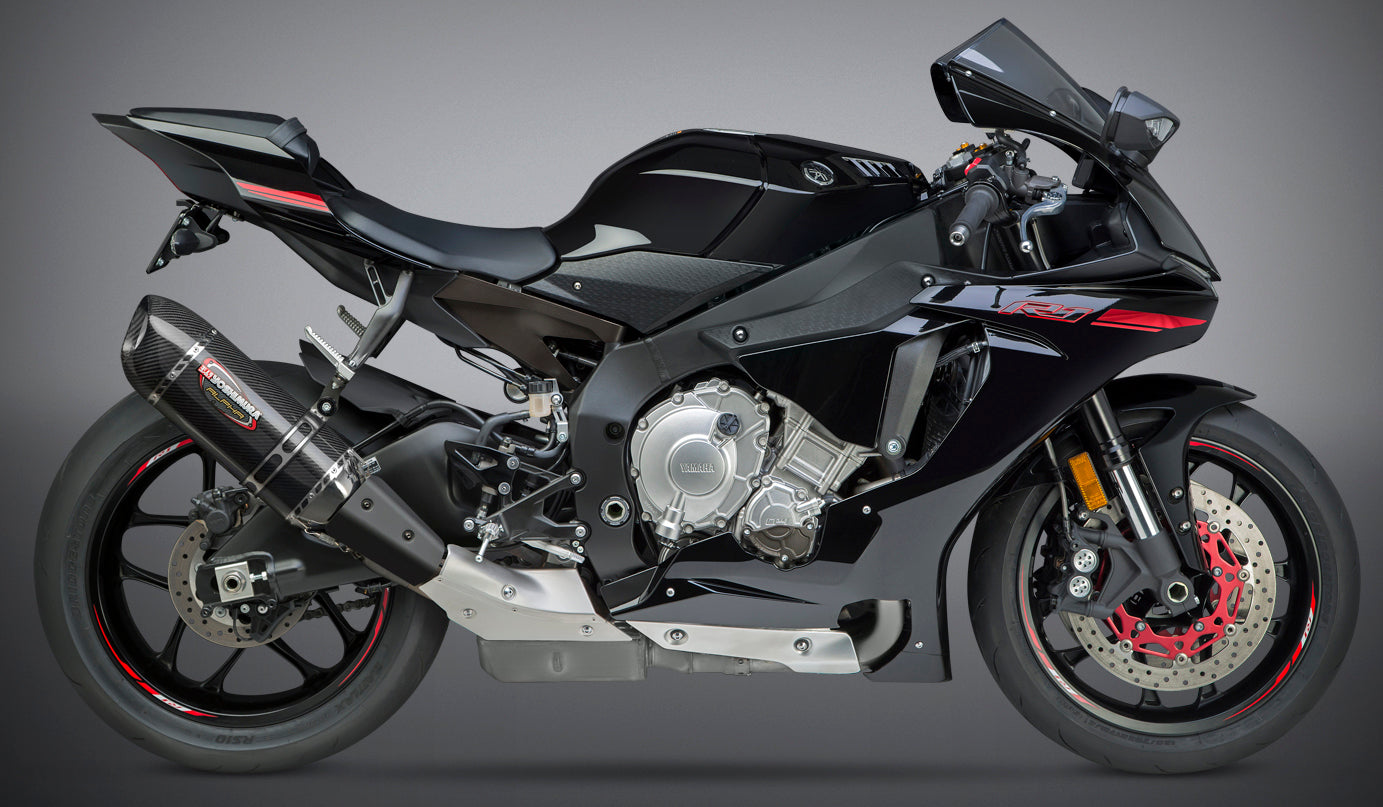 YOSHIMURA Yoshimura Exhaust Signature Alpha Slip-On SS CF with matte carbon fiber end cap, showcasing sleek motorcycle exhaust design.
