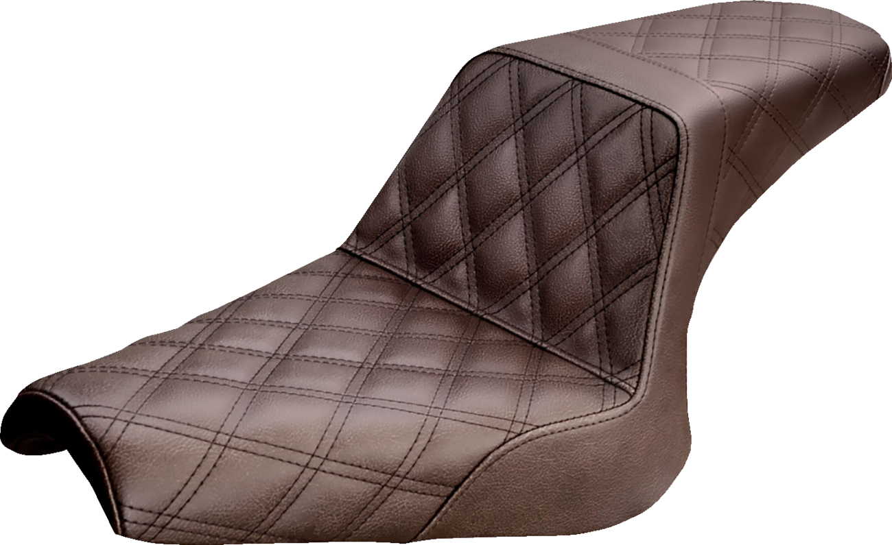 Brown SADDLEMEN Step Up Seat with full lattice stitch detail for motorcycles, designed for comfort and style.