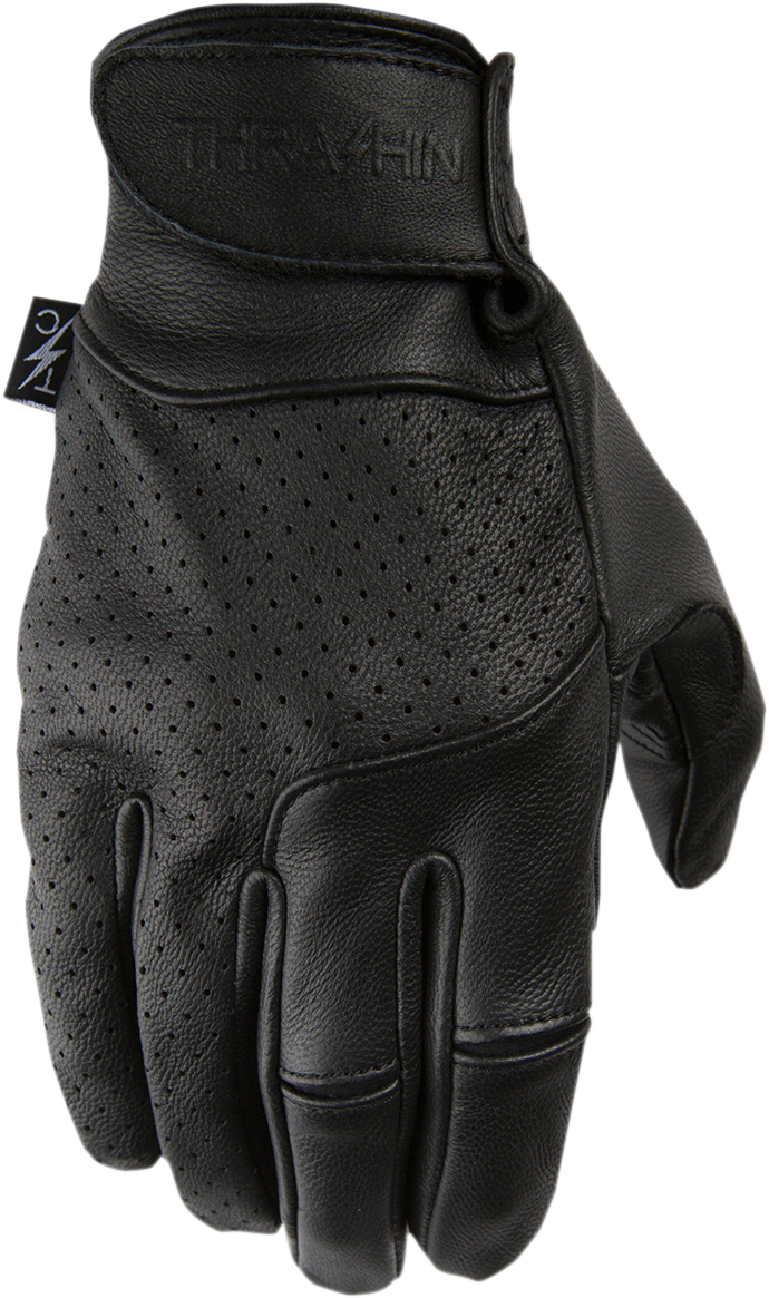 Black Siege Leather Gloves by THRASHIN SUPPLY CO. in XL size, showing detailed stitching and durable leather material.