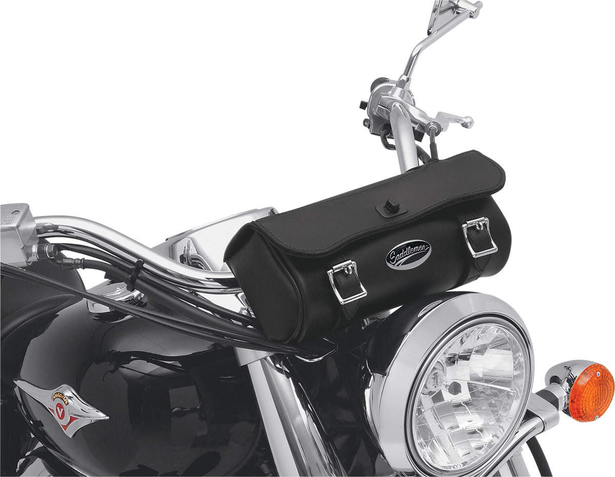 Large Saddlemens Drifter Tool Bag on motorcycle seat, durable storage solution with secure straps, by Bill's Exhausts.