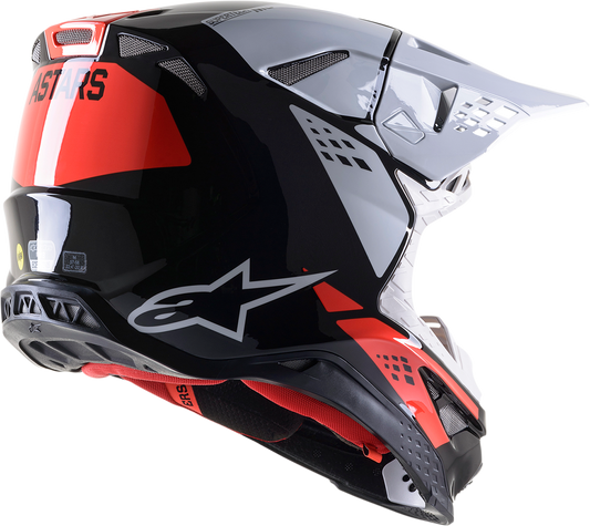 Alpinestars Supertech M8 Helmet in black, white, and red with a sleek aerodynamic design for motorcycle racing.