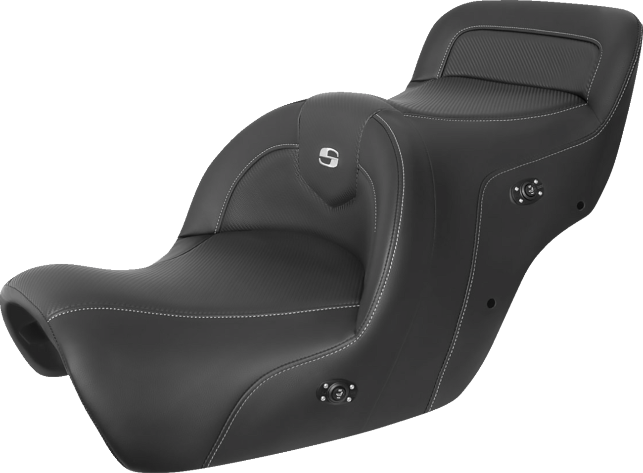 Black SADDLEMEN Heated Roadsofa seat with carbon fiber finish, designed for motorcycle, without backrest.