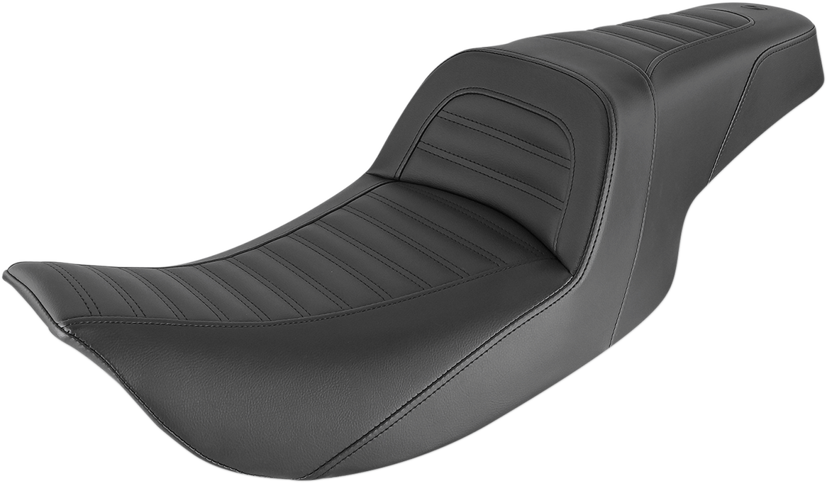 Black SADDLEMEN Slim Roll and Pleat motorcycle seat from Bill's Exhausts, featuring a sleek, contoured design for comfortable riding.