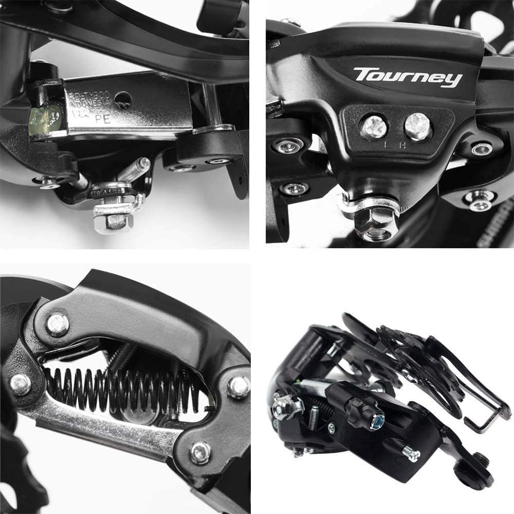 Shimano Tourney bicycle rear derailleur RD-TY300 and RD-TX800, black metal bike gear changer for smooth shifting.