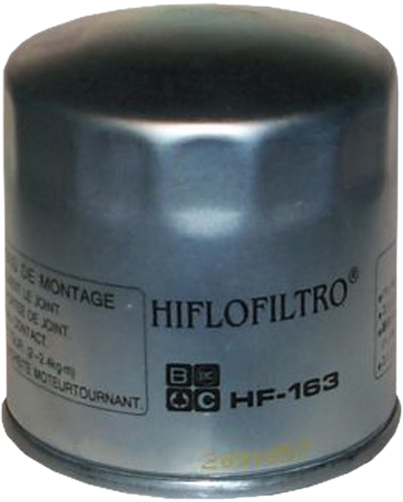 HIFLOFILTRO HF163 motorcycle engine oil filter with metal casing and filter element, designed for motorcycle engine maintenance.
