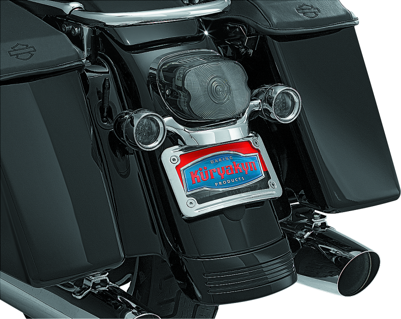 Kuryakyn curved license plate mount for Harley-Davidson Touring and Street Glide motorcycles, designed for secure fitting.