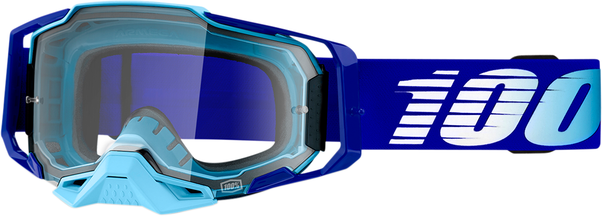 Bill's Exhausts 100% Armega Goggles in royal blue with clear lenses, featuring a sleek design for outdoor activities and sports.