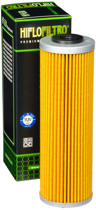 HIFLOFILTRO HF650 motorcycle oil filter showing metal casing and filter element for engine oil filtration.
