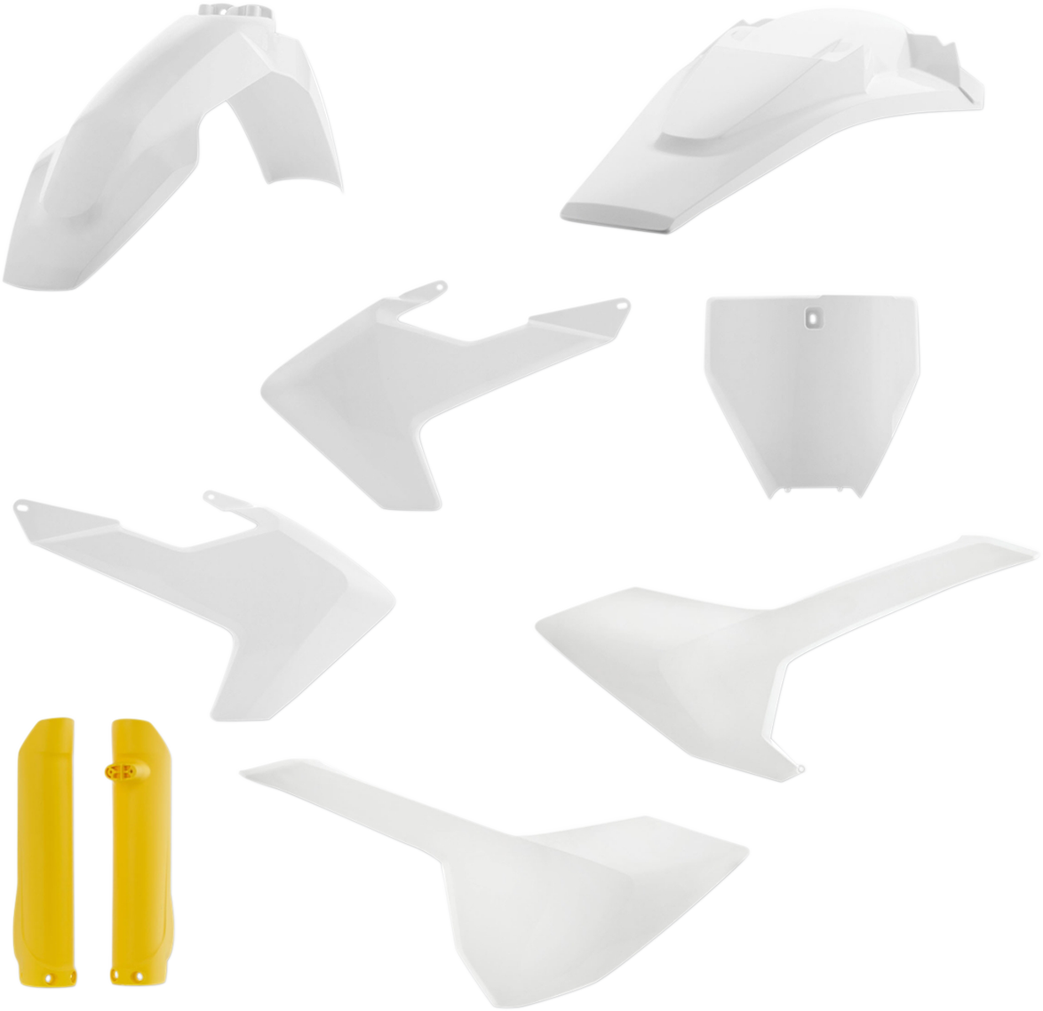 A white and yellow Acerbis full replacement body kit for motorcycles, featuring sleek, OEM-style design with brand branding.