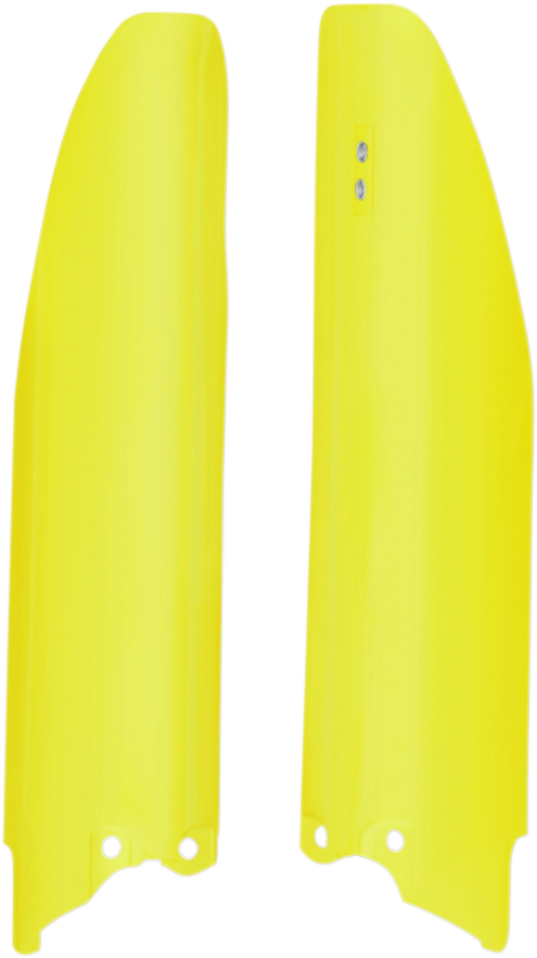 Yellow Acerbis lower fork covers for motorcycle front forks, designed for durability and protection.