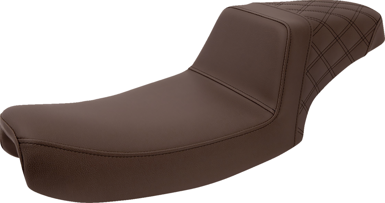 Brown SADDLEMEN Step-Up Seat with rear lattice stitch for motorcycles, featuring durable construction and comfortable design.