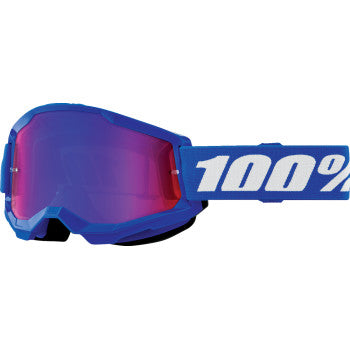 Bill's Exhausts 100% Strata 2 Junior goggles in blue with red/blue mirror lenses, featuring a sleek design and adjustable strap.