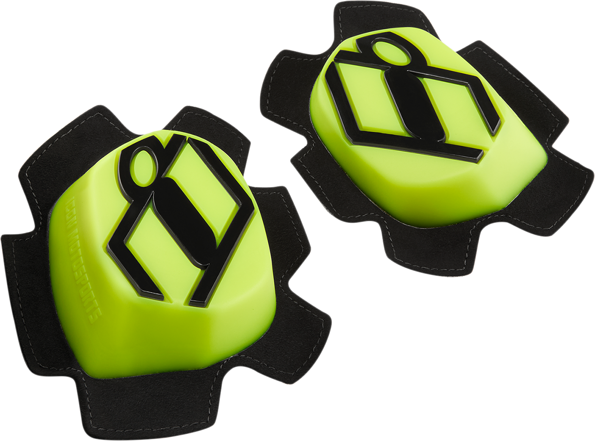 Bill's Exhausts ICON Cloverleaf 2 Knee Pucks guard in hi-vis yellow with protective padding, designed for knee impact safety.