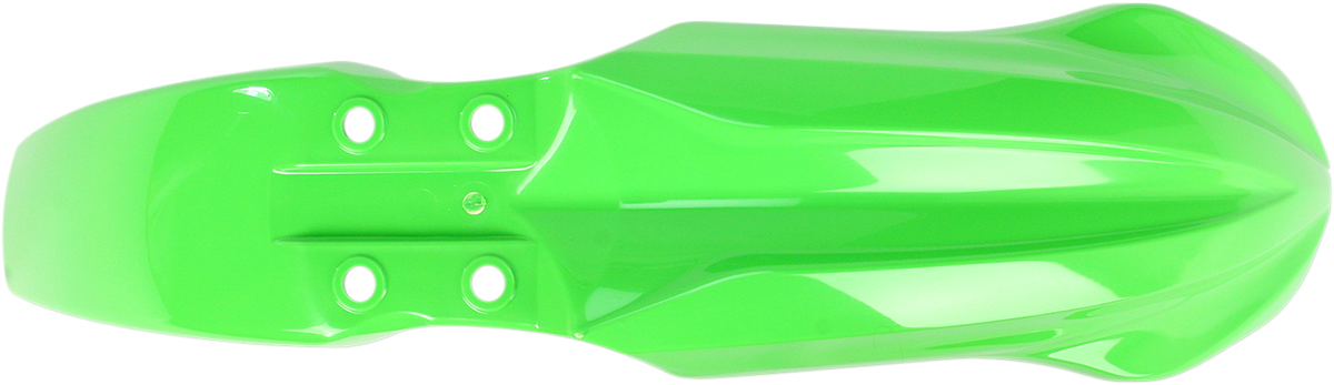 Green Acerbis front fender for motorcycle, body part with mounting edges, designed for durability and style.